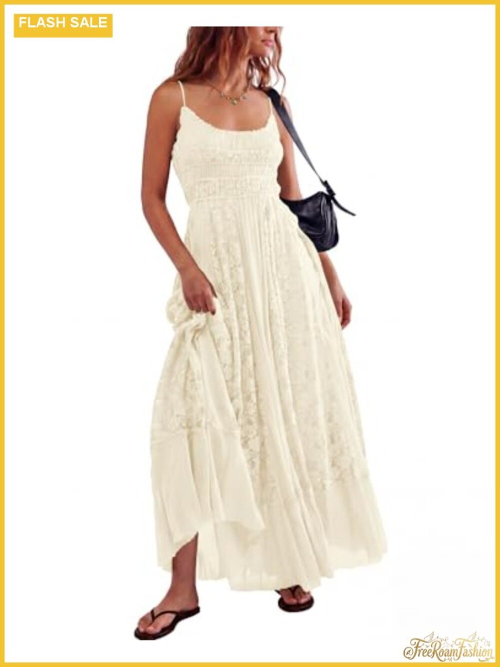 Bohemian Lace Floral Embroidered Maxi Dress with Smocked Bust and Adjustable